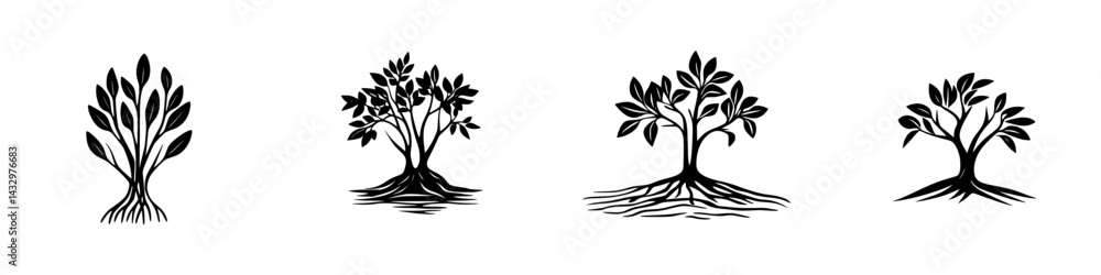 Series of black icons depicting trees with various leaf designs and root structures in a minimalist style
