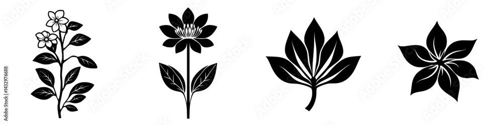 Collection of black floral icons showcasing various plant designs suitable for graphic use and artistic projects Collection of black floral icons showcasing various plant designs suitable for graphic use and artistic projects