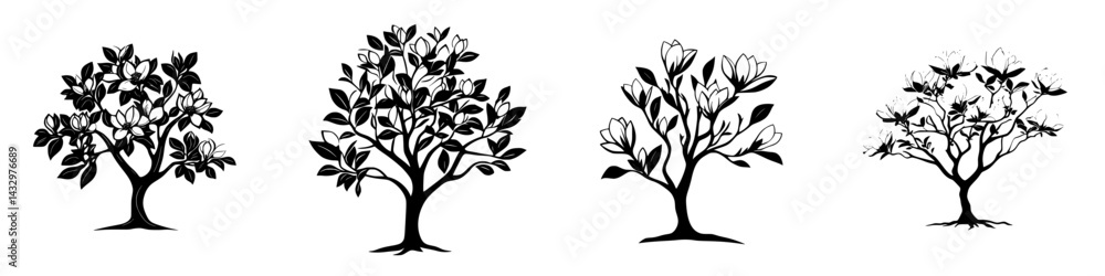 Four unique black icons of trees depicting various stages of bloom and growth in nature's cycle Four unique black icons of trees depicting various stages of bloom and growth in nature's cycle