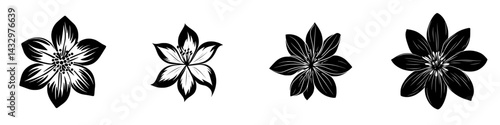 Stylized black flower icons showcasing different petal shapes and designs in a minimalist style for use in various graphic projects