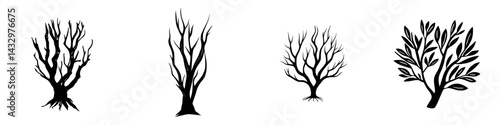 Various black tree icons showcasing different styles, from bare branches to leafy shapes suitable for design use