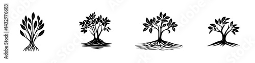 Obraz na płótnie Series of black icons depicting trees with various leaf designs and root structures in a minimalist style w salonie