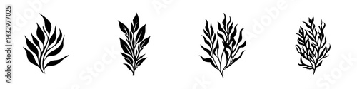 Stylized black botanical icons representing various leaf shapes and designs for creative projects or nature-themed content