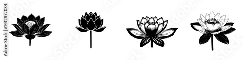 Various black icon representations of lotus flowers showcasing unique designs and styles in a minimalist format