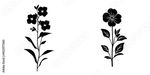Floral black icon design featuring two distinct flower styles and leaf arrangements suitable for various decorative uses