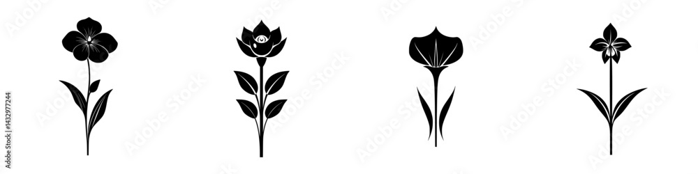 Elegant collection of black floral icons featuring diverse styles and shapes in a minimalist design Elegant collection of black floral icons featuring diverse styles and shapes in a minimalist design