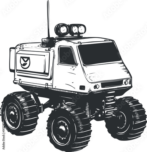 Black and white sketch of a robotic rover vehicle with large wheels designed for exploration and mobility