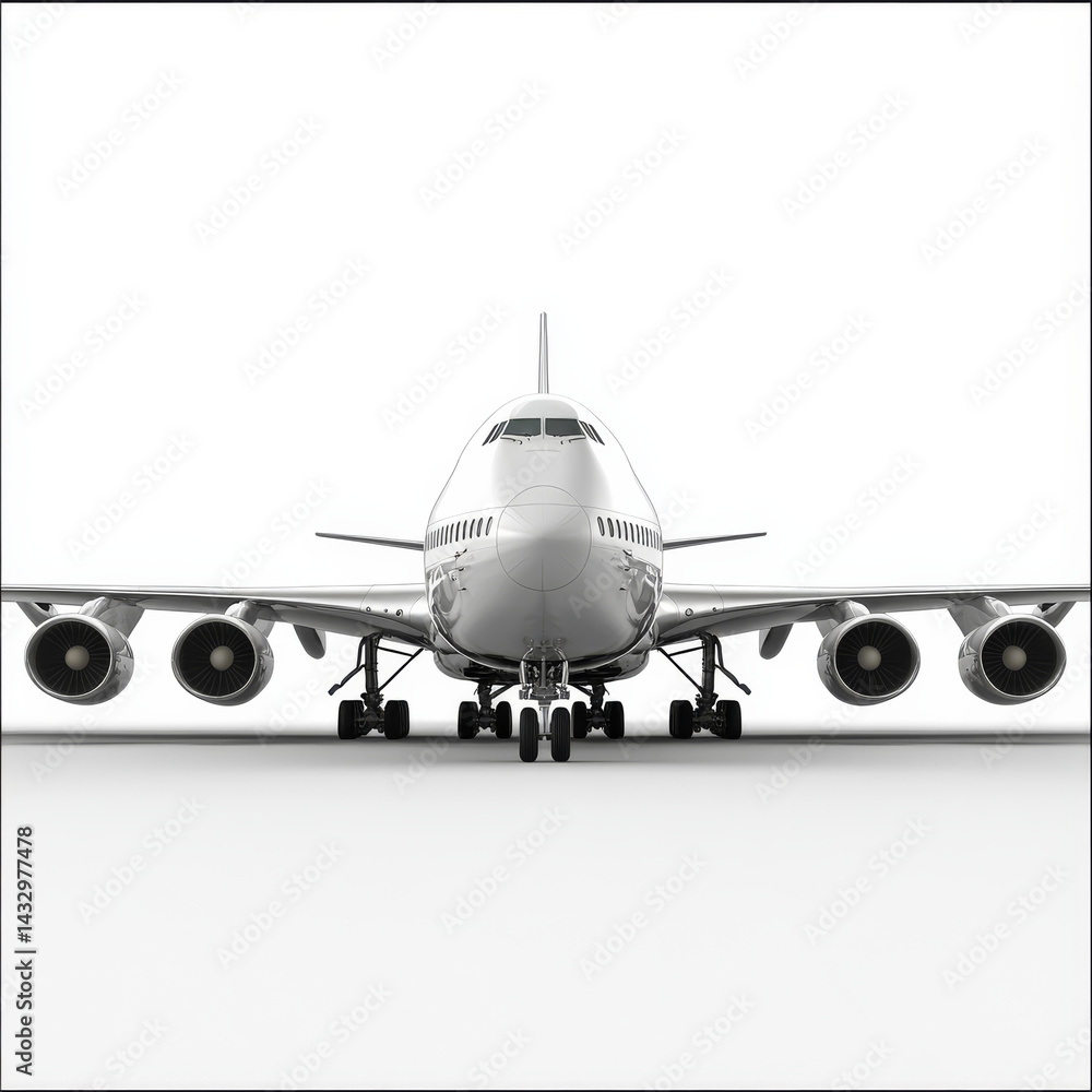 large cargo plane is depicted on white background, showcasing its front view with multiple engines and landing gear visible. image emphasizes aircraft size and engineering marvel large cargo plane is depicted on white background, showcasing its front view with multiple engines and landing gear visible. image emphasizes aircraft size and engineering marvel