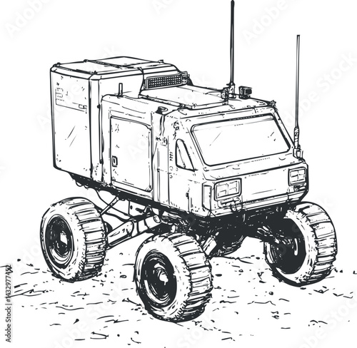 Sketch of an offroad utility vehicle with large tires and antennas designed for rough terrain