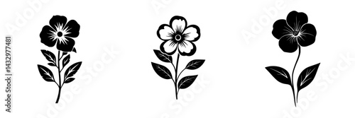 Black floral icons featuring three distinct flower designs with leaves in a minimalist style for creative projects or artwork
