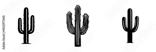 Black icons of cacti in various shapes against a plain background showcasing unique desert flora elements