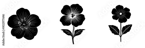 Black floral icons depicting various flower designs with distinct shapes and details on a plain background