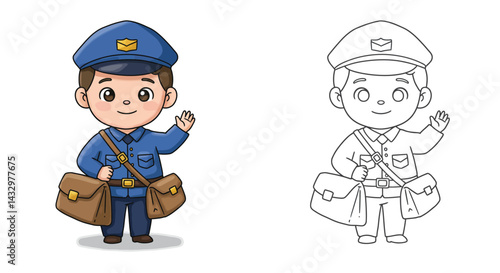 Cute Postman Cartoon: A cheerful cartoon postman with two mailbags waves, ready to deliver important letters and parcels.  Color and line art versions included. 