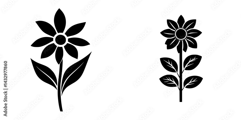 Two black flower icons depicting simple floral designs suitable for various applications and digital use