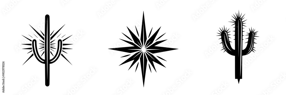 Stylized black icons featuring cacti and geometric designs in a simple, modern aesthetic for use in various graphic projects Stylized black icons featuring cacti and geometric designs in a simple, modern aesthetic for use in various graphic projects