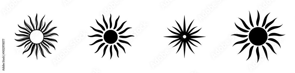 Various black sun icons featuring different designs for artistic and graphic use Various black sun icons featuring different designs for artistic and graphic use