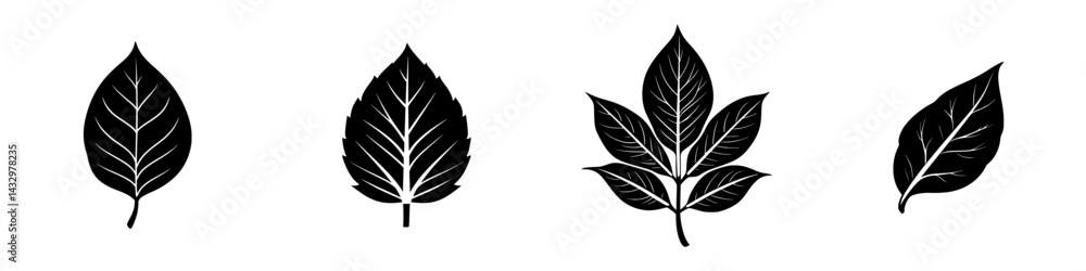 Collection of black leaf icons showcasing various shapes and sizes for design and illustration purposes Collection of black leaf icons showcasing various shapes and sizes for design and illustration purposes