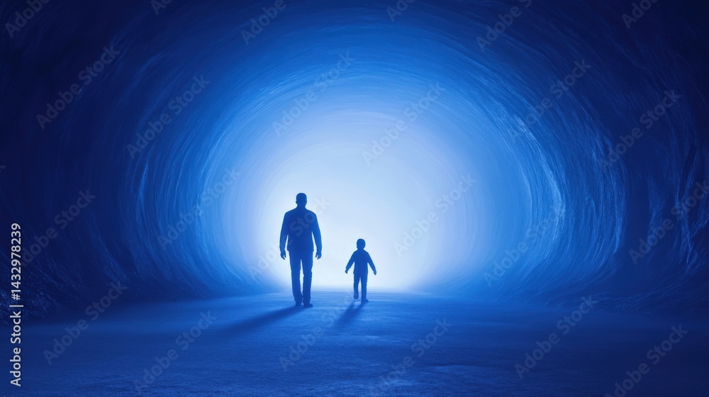 Man and child walk through blue tunnel Man and child walk through blue tunnel