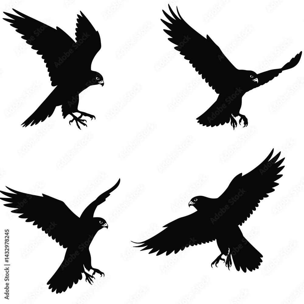 Obraz premium Flying birds silhouettes isolated on white background, vector. Set of flying birds, illustration.