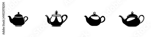 Elegant black teapot icons lined up showcasing various designs suitable for culinary art and graphic designs