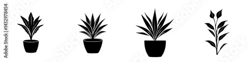 Simple black icon designs of potted plants showcasing various shapes and sizes in a minimalist style