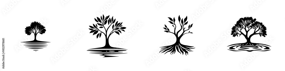 Various black tree icons showing different styles and details, representing nature and growth in a minimalist design Various black tree icons showing different styles and details, representing nature and growth in a minimalist design