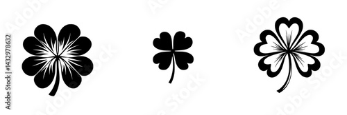 Black icons of four-leaf clovers arranged in a row showcasing distinct designs and patterns for various creative uses