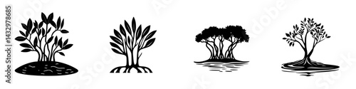 Various black icons depicting different styles of trees with roots, illustrating diverse designs found in nature and artistic representations