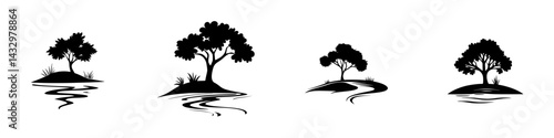 Black tree silhouettes on water backgrounds create a serene and tranquil natural environment landscape design