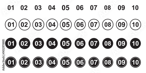 Bullet Points icon set inline style, Simple round numbers in flat style . 
