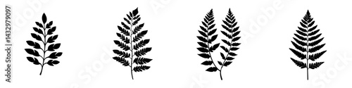 Black icon set featuring four different fern leaf designs suitable for botanical illustrations or graphic design projects