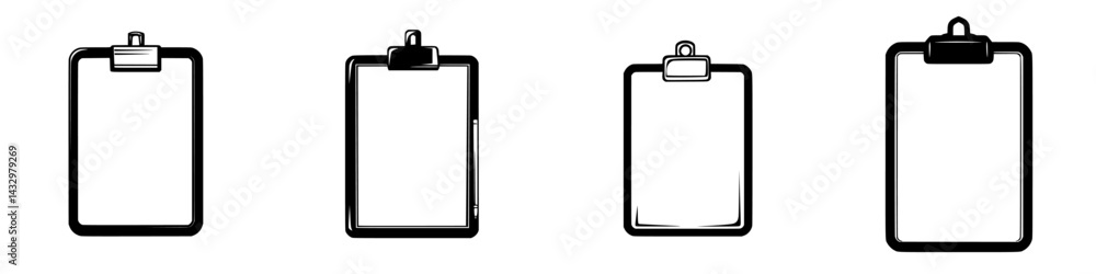 Black icon set featuring various clipboard designs for creative and organizational purposes
