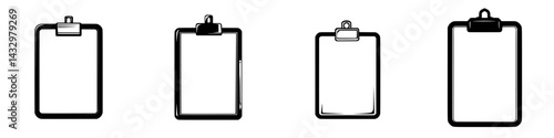 Black icon set featuring various clipboard designs for creative and organizational purposes