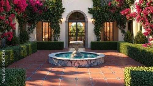 Stunning Mediterranean villa with a tiled courtyard surrounded by flowering bougainvillea