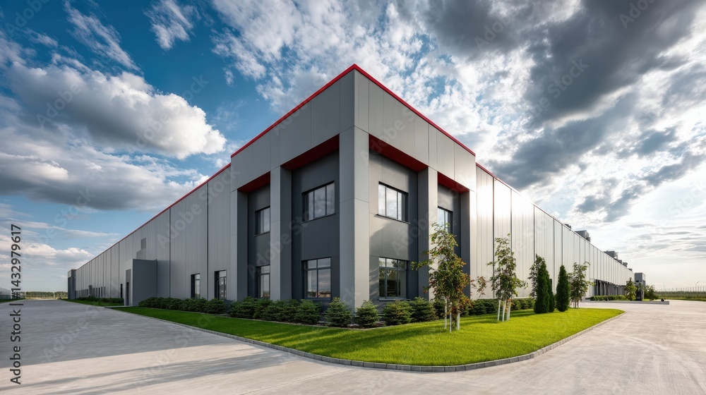 Fototapeta premium Modern industrial warehouse exterior, large grey facade with red trim, expansive logistics center.