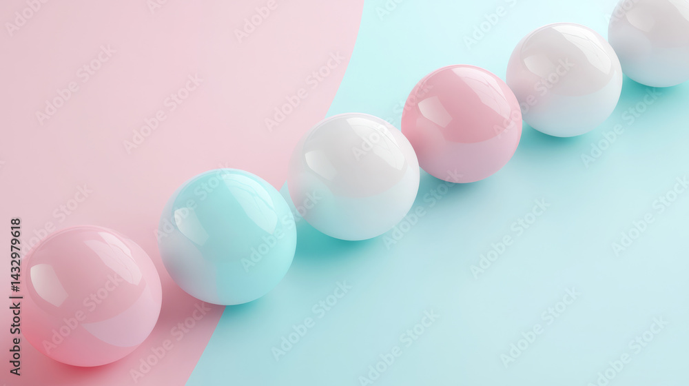 row of glossy pastel colored spheres is arranged on soft pink and blue background, creating playful and soothing visual effect. spheres reflect light, enhancing their smooth texture row of glossy pastel colored spheres is arranged on soft pink and blue background, creating playful and soothing visual effect. spheres reflect light, enhancing their smooth texture