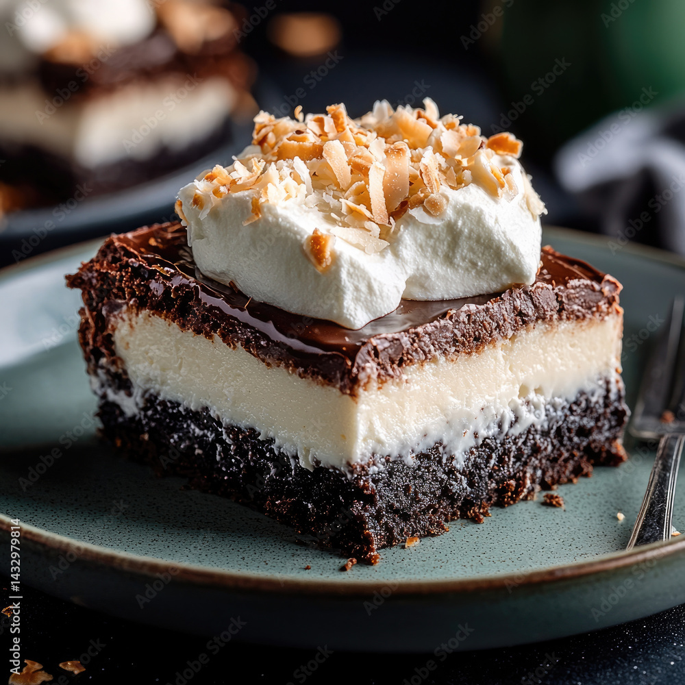 Decadent chocolate dessert featuring layers of rich brownie, creamy filling, and topped with whipped cream and toasted coconut, perfect for indulgent occasions