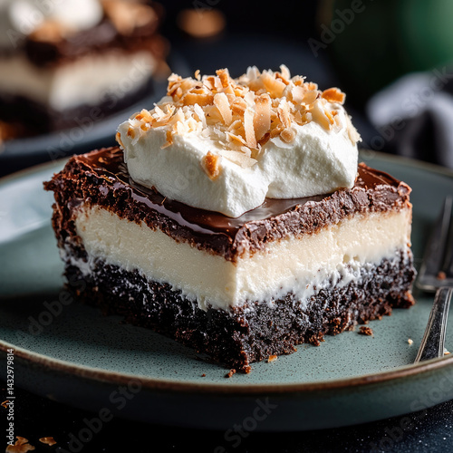 Obraz na płótnie Decadent chocolate dessert featuring layers of rich brownie, creamy filling, and topped with whipped cream and toasted coconut, perfect for indulgent occasions w salonie