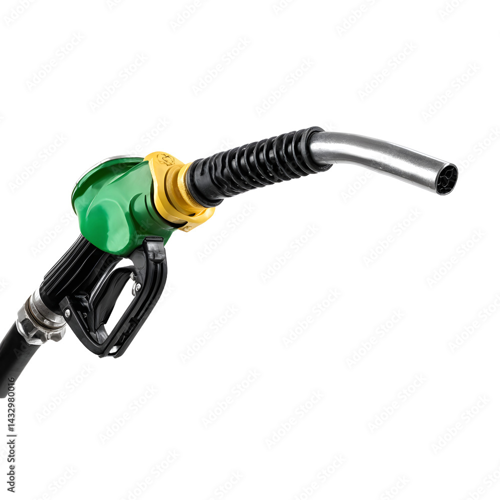 Fuel nozzle with green handle and black hose on white background. Fuel nozzle with green handle and black hose on white background.