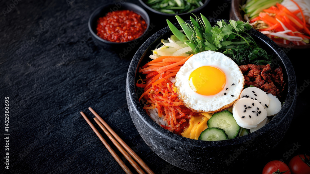 vibrant Korean dish featuring rice, assorted vegetables, fried egg, and garnishes, served in stone bowl. colorful ingredients create appetizing and inviting presentation