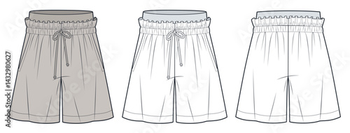 High Waist Paperbag Shorts technical fashion illustration. Short Pants fashion flat technical drawing template, drawstring, pockets, front and back view, white, brawn, women, men, unisex CAD mockup.
