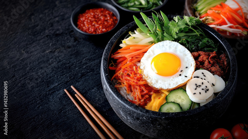Obraz na płótnie vibrant Korean dish featuring rice, assorted vegetables, fried egg, and garnishes, served in stone bowl. colorful ingredients create appetizing and inviting presentation w salonie