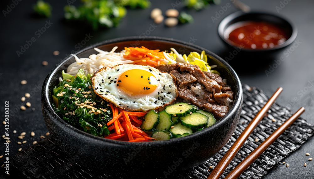 vibrant Korean bibimbap bowl featuring rice, assorted vegetables, fried egg, and marinated beef, garnished with sesame seeds and served with spicy sauce