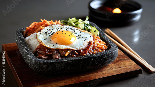 Obraz na płótnie delicious Korean bibimbap served in traditional stone bowl, featuring rice, marinated beef, vegetables, and fried egg on top, garnished with sesame seeds w salonie