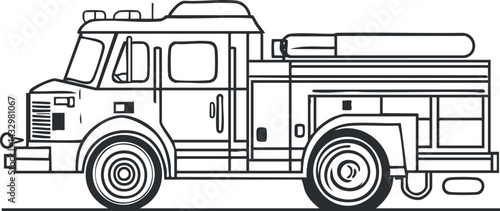 Black and white line art illustration of a firetruck side view showing emergency rescue vehicle details