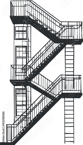 Black and white sketch of a metal fire escape staircase attached to a building exterior with ladders and railings