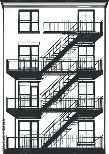Black and white illustration of a building exterior featuring multiple fire escape staircases and balconies with windows.