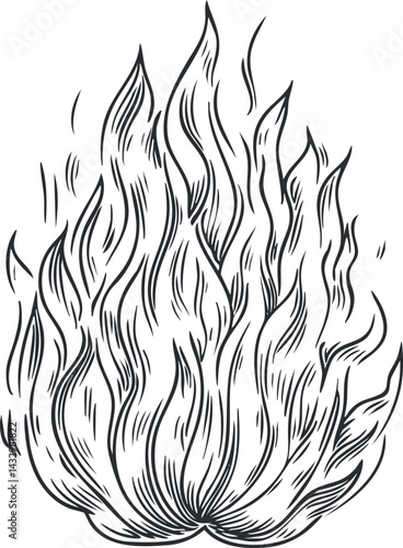 Black and white hand-drawn sketch of flames with detailed line art representing fire and heat
