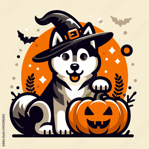 Siberian Husky Dog wear witch hat in halloween. Funny Animal Vector Clip art. Canine costume festive adorns sorcerer headgear for autumn gala.