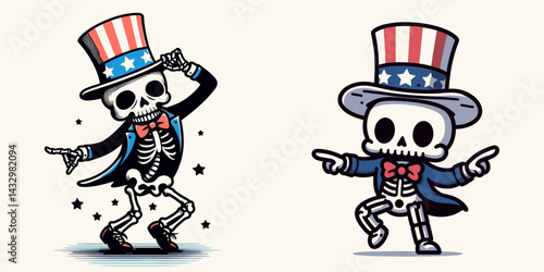 Skeleton Uncle Sam dancing joyfully festive celebration 1. Funny Animal Vector Clip art. Bony patriot figure merriment jubilee cheerful patriotic holiday revelry.